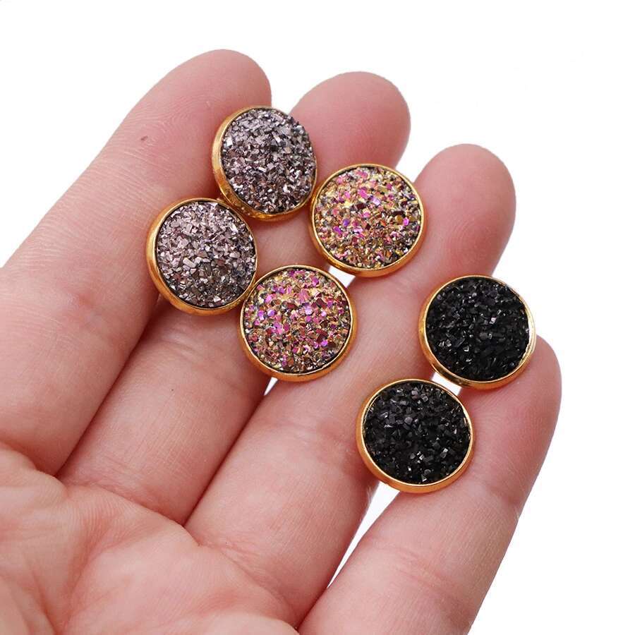 6pair/lot Glitter Round Stud Gold Color Stainless Steel Jewelry for Women Colorful Resin Druzy Drusy Ear Studs Earrings