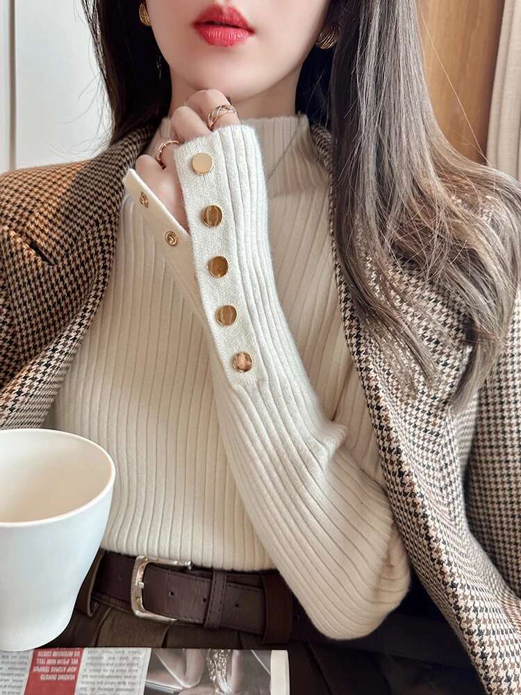 women thick pullovers thic casual autumn winter button o-neck chic sweater female slim knit top soft jumper tops