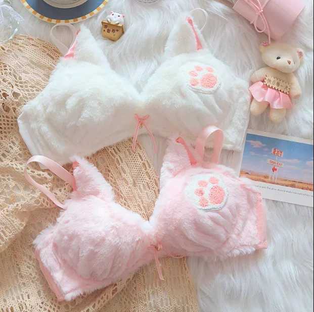 Sweet lolita Autumn and winter cat paw plush underwear for women comfortable and cute Japanese girl ears bra and panty setXJ250301