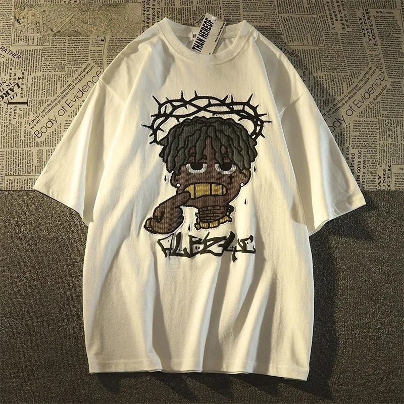Style Retro Hiphop Pixel Cartoon Short Sleeved Tshirt for Men and Women Ins Summer Loose High Street Couple Top Y2k Gothic 250225