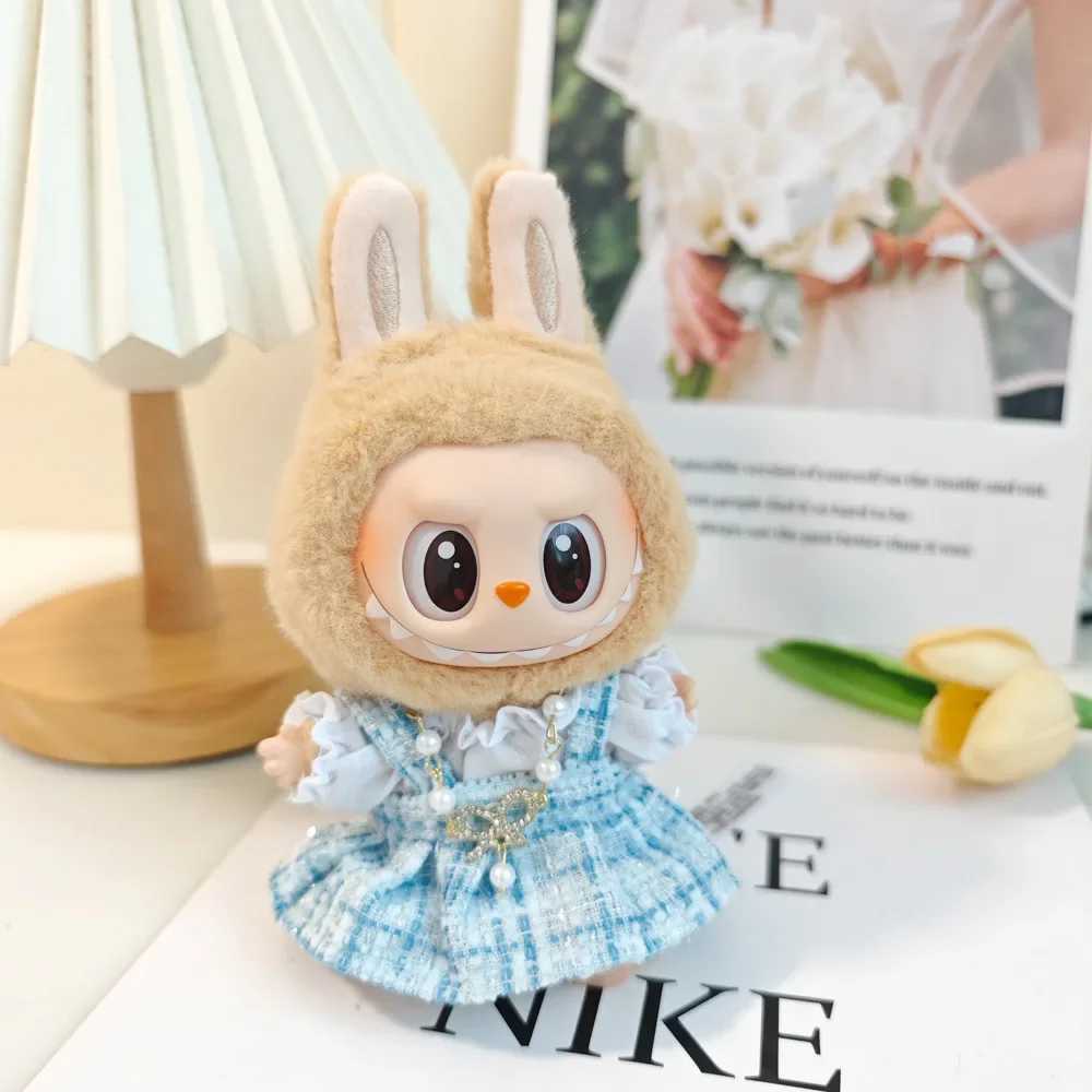 Mini DollS Clothes Outfit For 15-17cm Labubu V1 V2 Classic Grid style Dress Cloak Set With Pearl Element Beret Clothing W250301