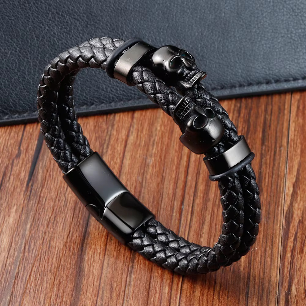 Trendy New Style Bangle Stainless Steel Magnetic Clasp Skull Head Black Braided Genuine Leather Charms Male Mens Bracelet