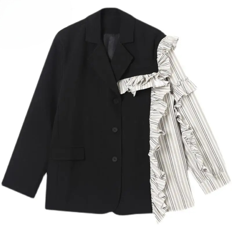 Tannt Women Asymmetry Edible Tree Fungus Patchwork Stripes Blazer Jackets Irregular Casual Color Matching Suit Coats