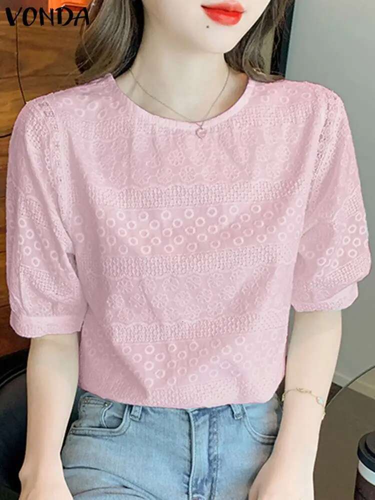 VONDA 2024 Summer Fashion Elegant Women Cotton Blouse Solid Color Short Sleeve Shirts Casual O Neck Tunic Top Loose Blusas Femme
