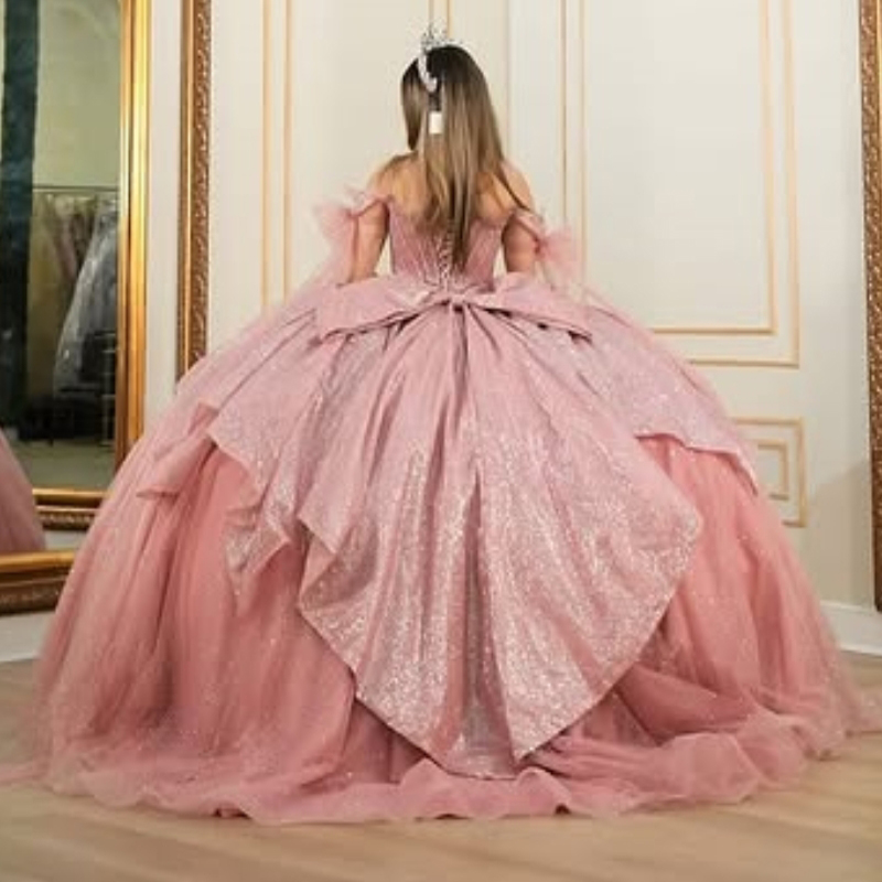 Pink Shiny Quinceanera Dresses Ball Gown Off Shoulder Bow Beads Tull Corset Sweet 16 Dress Vestidos 15 De Anos