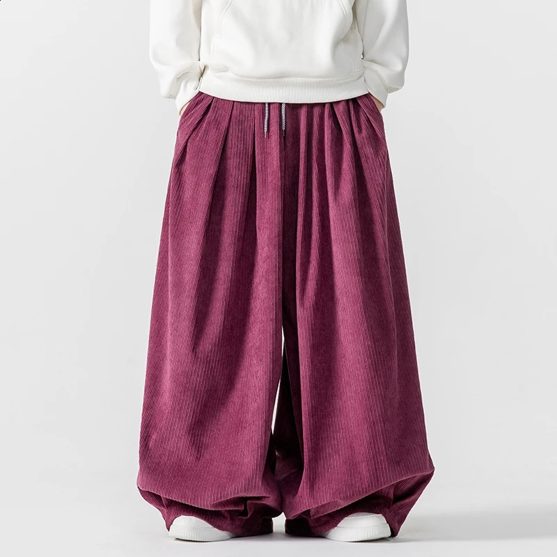 Mens Corduroy wide leg pants mens Japanese style loose and thick casual embroidered hip-hop mens streetwear pants 250228