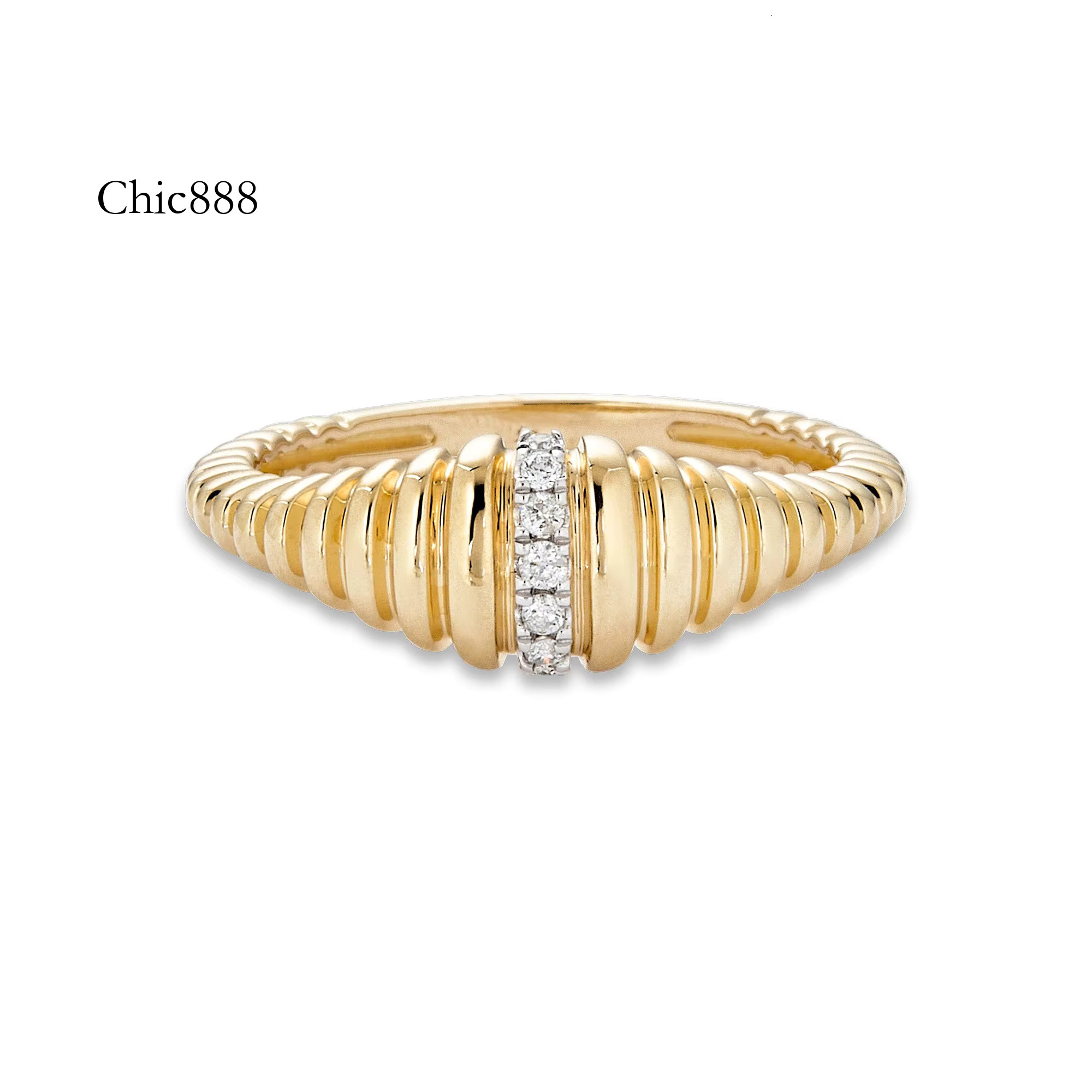 Women Jewelry Sterg Sier 14K Gold Plated Pave Stone One Row Ribbed Twist Dome Croissant Ring