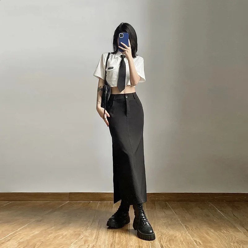 Goth Dark Elegant Mall Gothic Trumpet Women Midi Skirts Grunge High Waist Split Sexy Club Long Skirt Slim Party Streetwear 250224