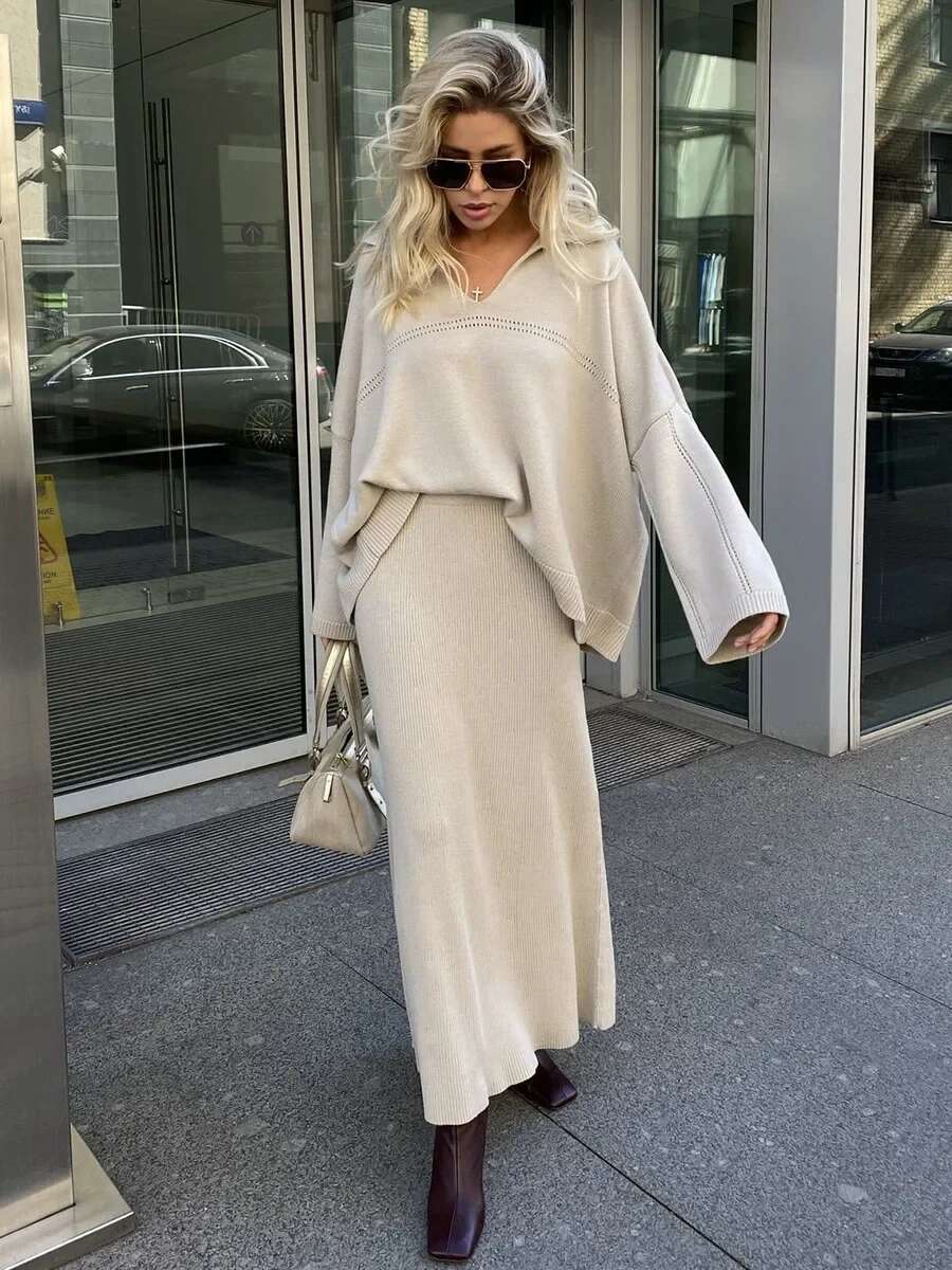Autumn Winter Women V-Neck Sweater Skirt Fashion Solid Basic Pullover Top Warm Loose Knitted 2-Piece Set