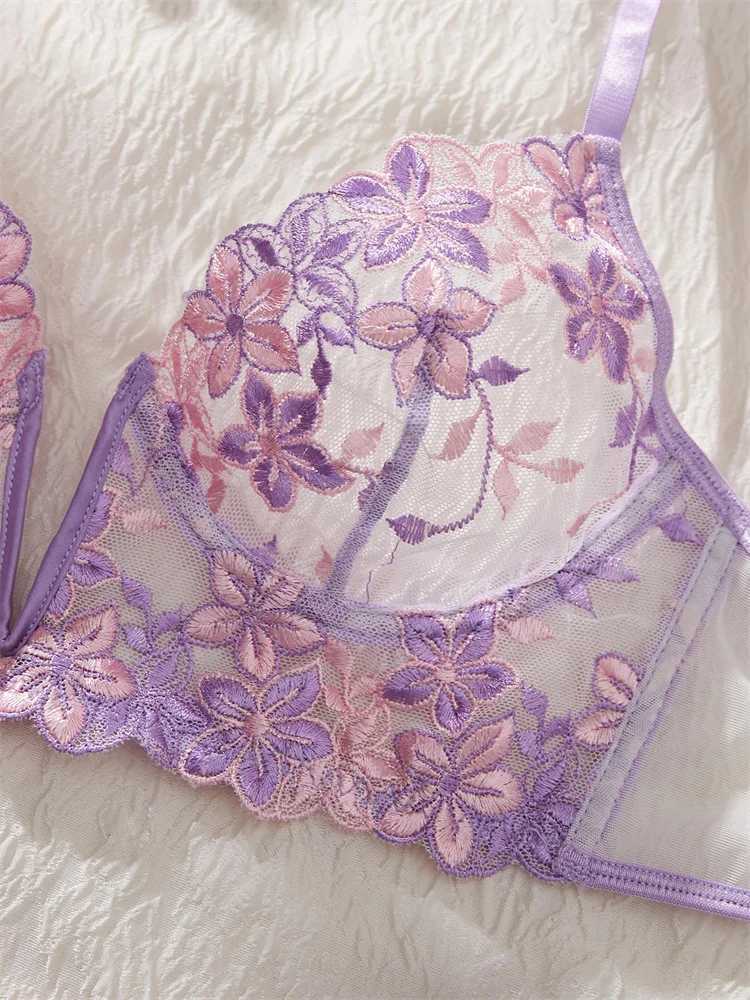 Womens Lingerie Ultra Sexy Romantic Purple Lingerie Set Deep V Push Up Bra Mesh Underwear Bi-color Embroidery Fancy UnderwearXJ250301