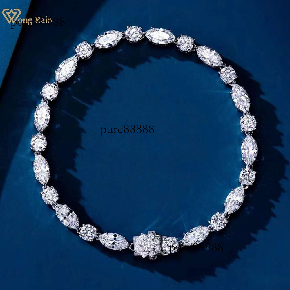 Wong Rain 100% Sterg Sier Round Marquise Cut Simulated Moissanite Gemstone Bracelets Fine Jewelry Christmas Gift