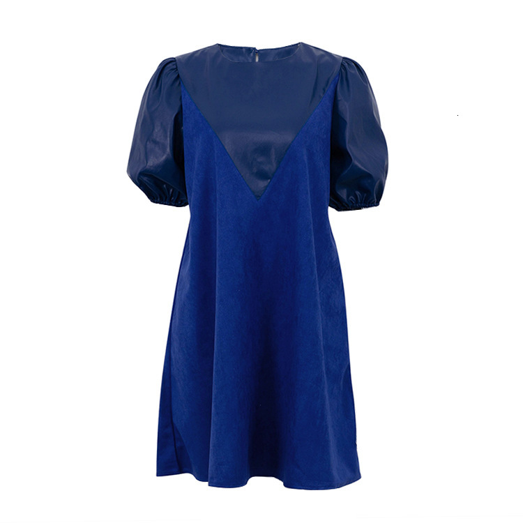 Feng New3 Spring Women's PU Leather Panel Design Feel Loose Solid Color Casual Short Sleeve Dress
