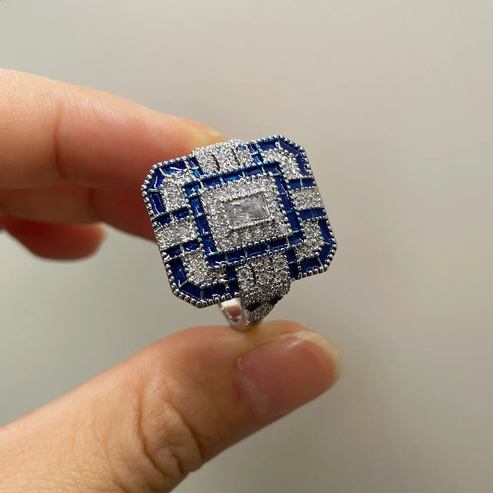 HOYON s925 Sterling Silver Color Square Female Ring Couple Ring Natural Zircon Crystal Sapphire Male Hip Hop Ring Party Jewelry 250227