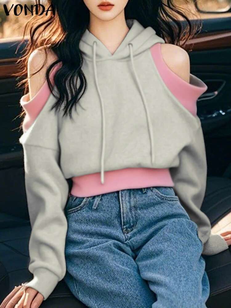 Casual Long Sleeve Pullovers Women Hooded Sweatshirts 2024 VONDA Korean Sweety Off-The-Shoulder Patchwork Jumpers Oversized
