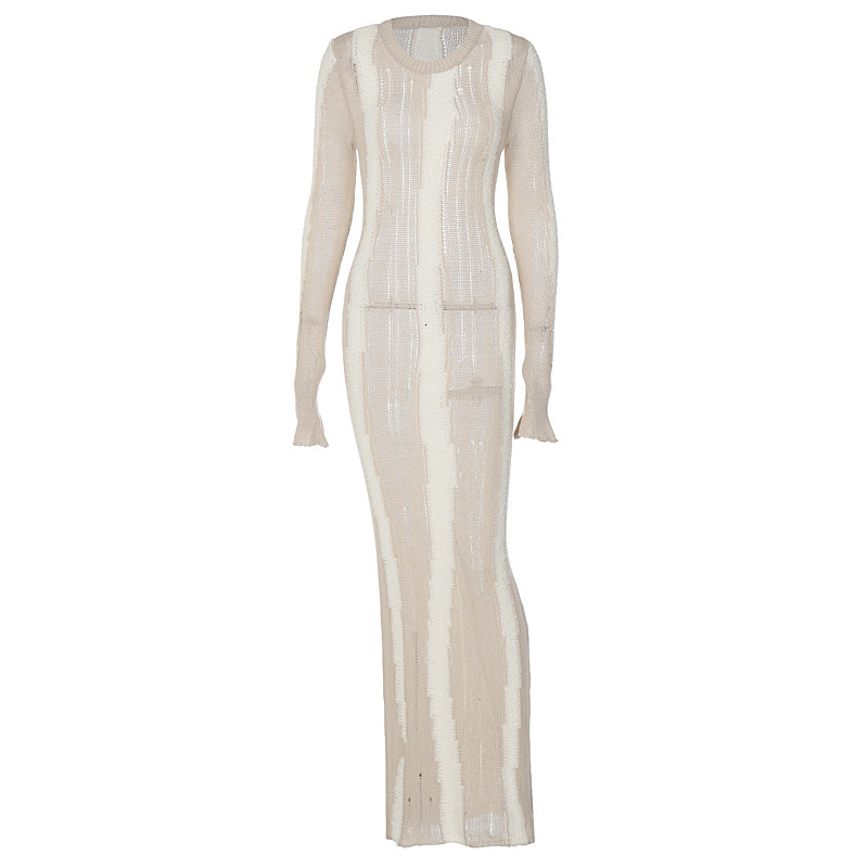 Women's 2023 Autumn/Winter New Fashion and Sexy Wool Weaving Hole Slim Fit Long Sleeve Dress