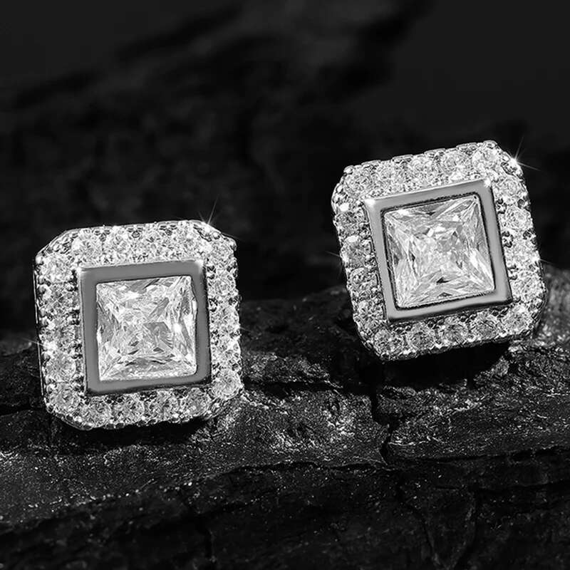 TrendMen Hiphop Rock Square Cubic Copper Zirconia Stud Earrings For Men Boy Sier Color Metal Crystal Earring Party Ear Jewelry