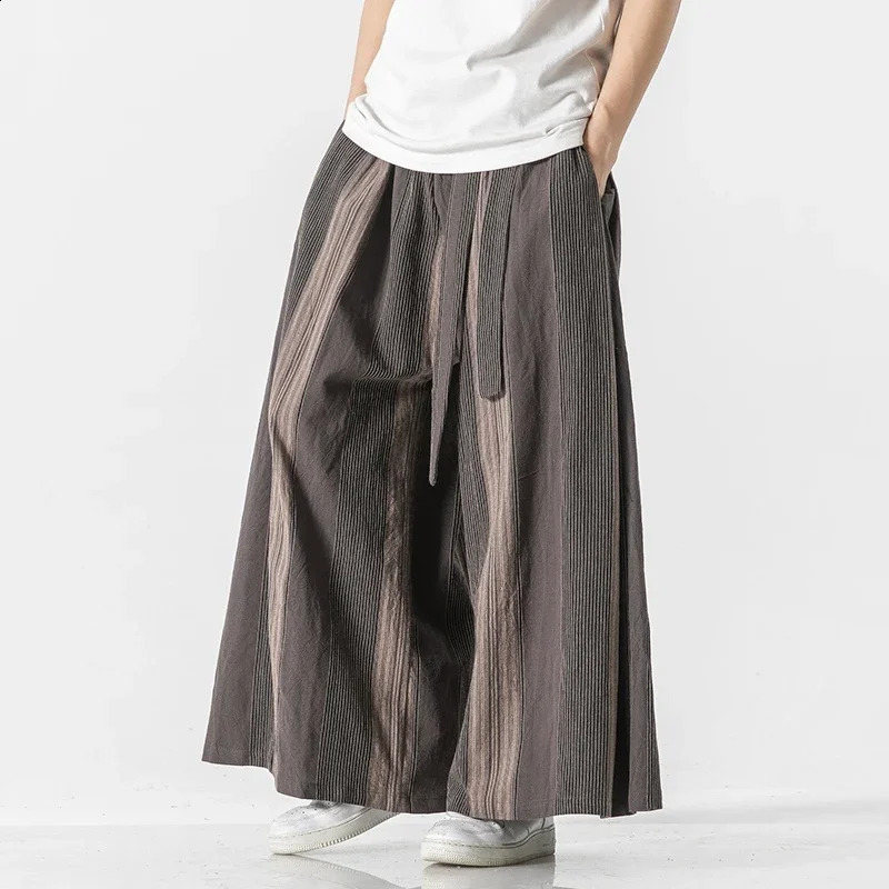 Pants Men Striped Wide Leg Cotton Linen Wide-Leg Pants Men Retro Chinese Style Male Casual s Nepal Robe Joggers Trousers 250228
