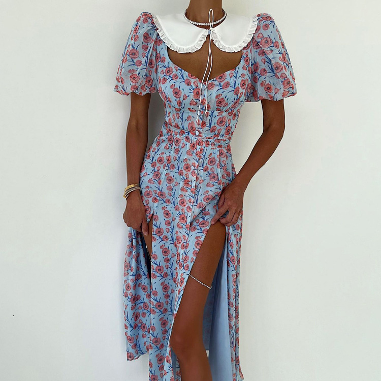 Women's New3 Summer New Sexy Hollow Out Print Doll Neck Short Sleeve Split Long Dress