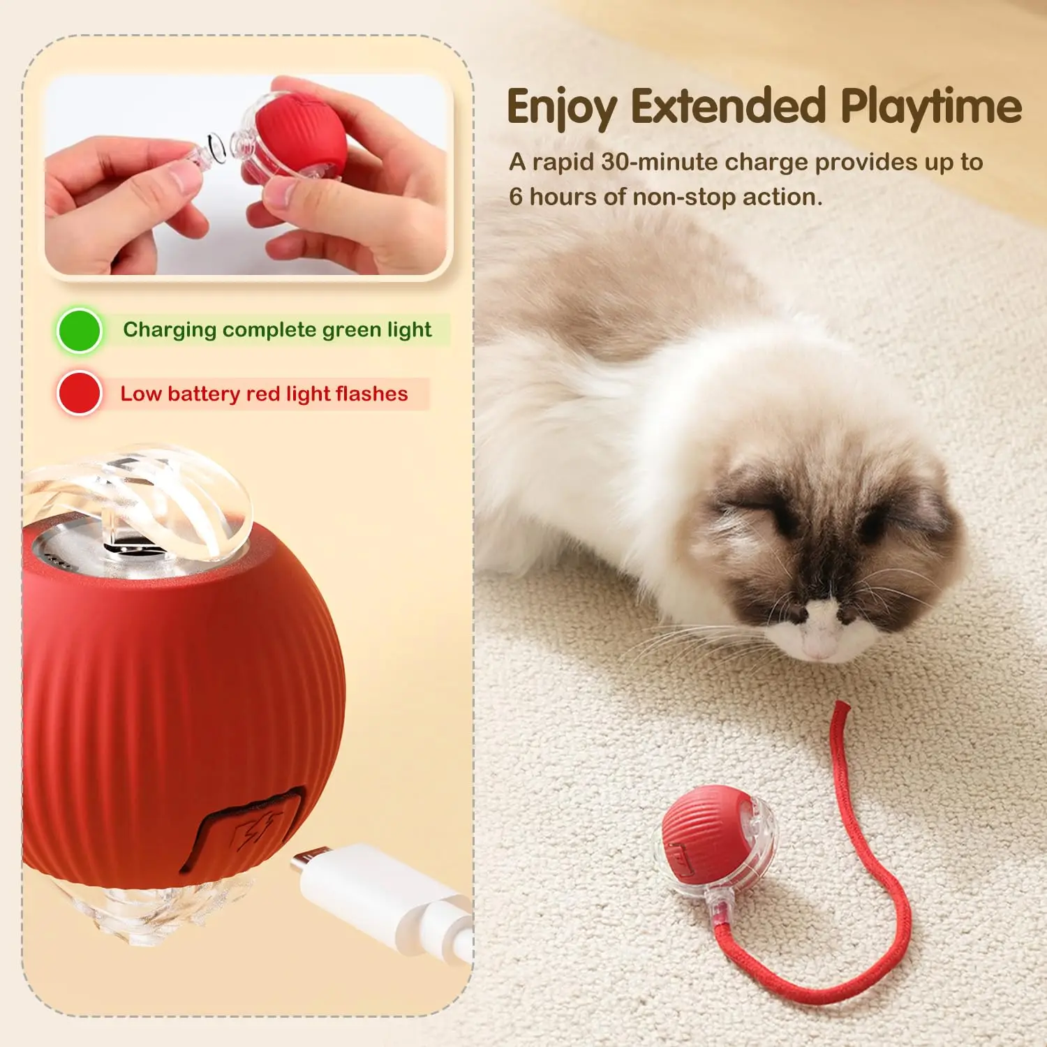 Cat Interactive Ball Toy, Automatic Rolling Ball with Tail, Rechargeable Smart Pet Interaction Toy