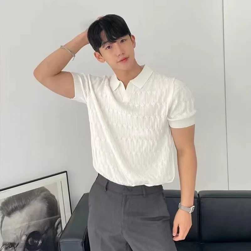 Summer Clothing Mens Luxury Knitted Jacquard Polo Shirt Casual Breathable Leisure V Neck Short Sleeve Knitwear 2024 NewT250228
