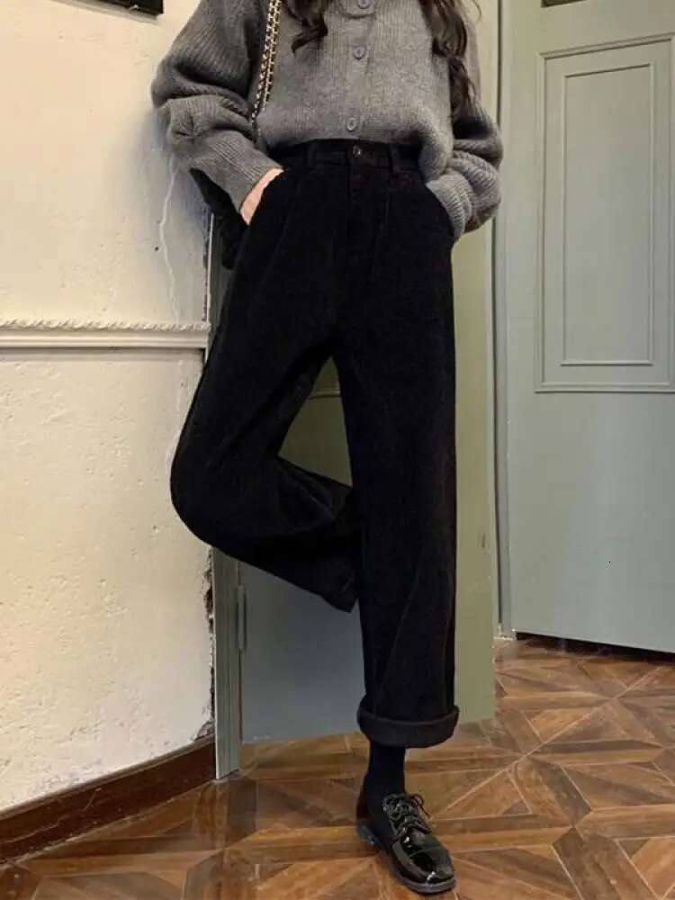 Vintage Corduroy High Waist Spring Straight Trousers Causal Pockets All Match Female Black Korean Pants
