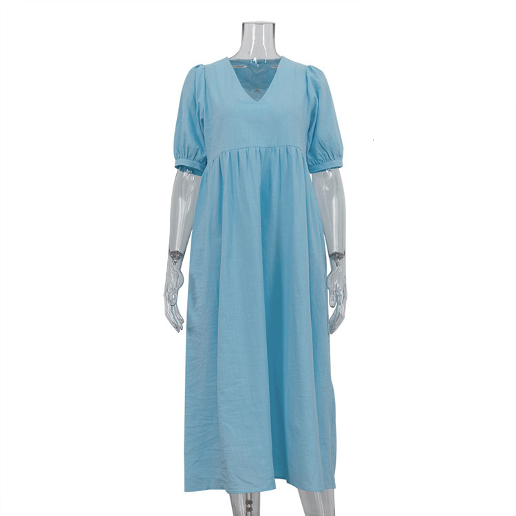 French Ins Light Mature Style V-Neck Bubble Sleeve Blue New4 Summer New Casual Long Dress