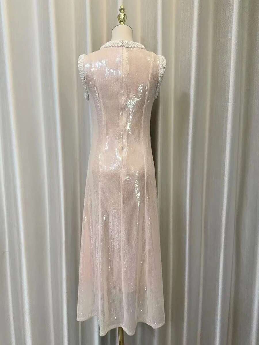 Spliced Beading Glitter Dress For Women Stand Collar Sleeveless High Waist Patchwork Sequins Slim Chic Midi Dresses Female