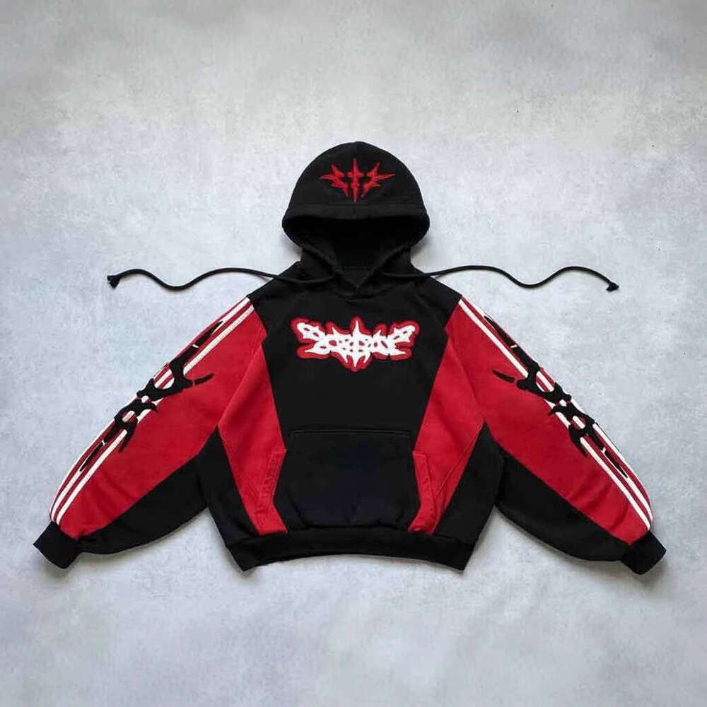 High street contrasting American ins style autumn patchwork hooded sweatshirt for men and women loose top