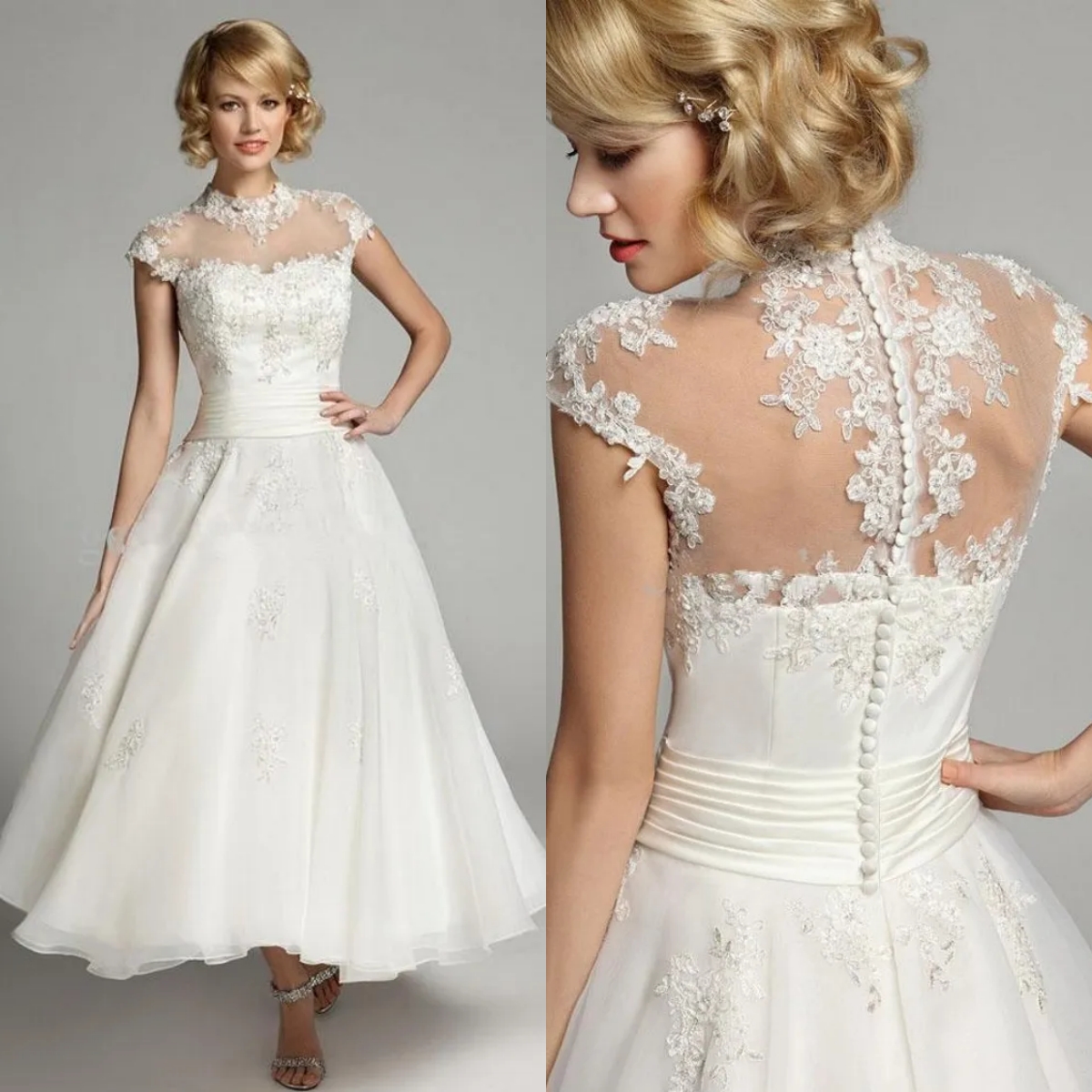 1950s Vintage Ankle Length A-Line Wedding Dresses Cap Sleeve Beads Sequins Lace Appliques Organza Garden Bridal Gowns Custom Made