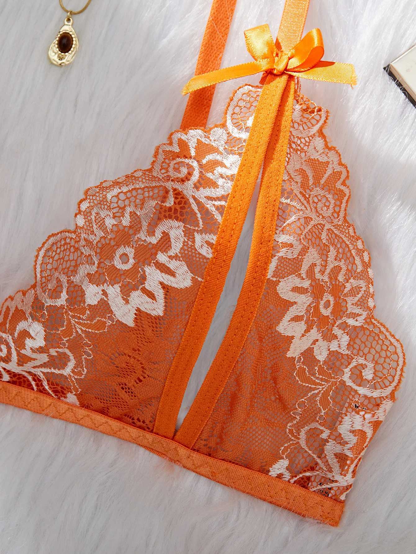 Orange lace contrast bra set womens open chest bra and thong set summer womens lingerie cute and sexy lingerie setXJ250301