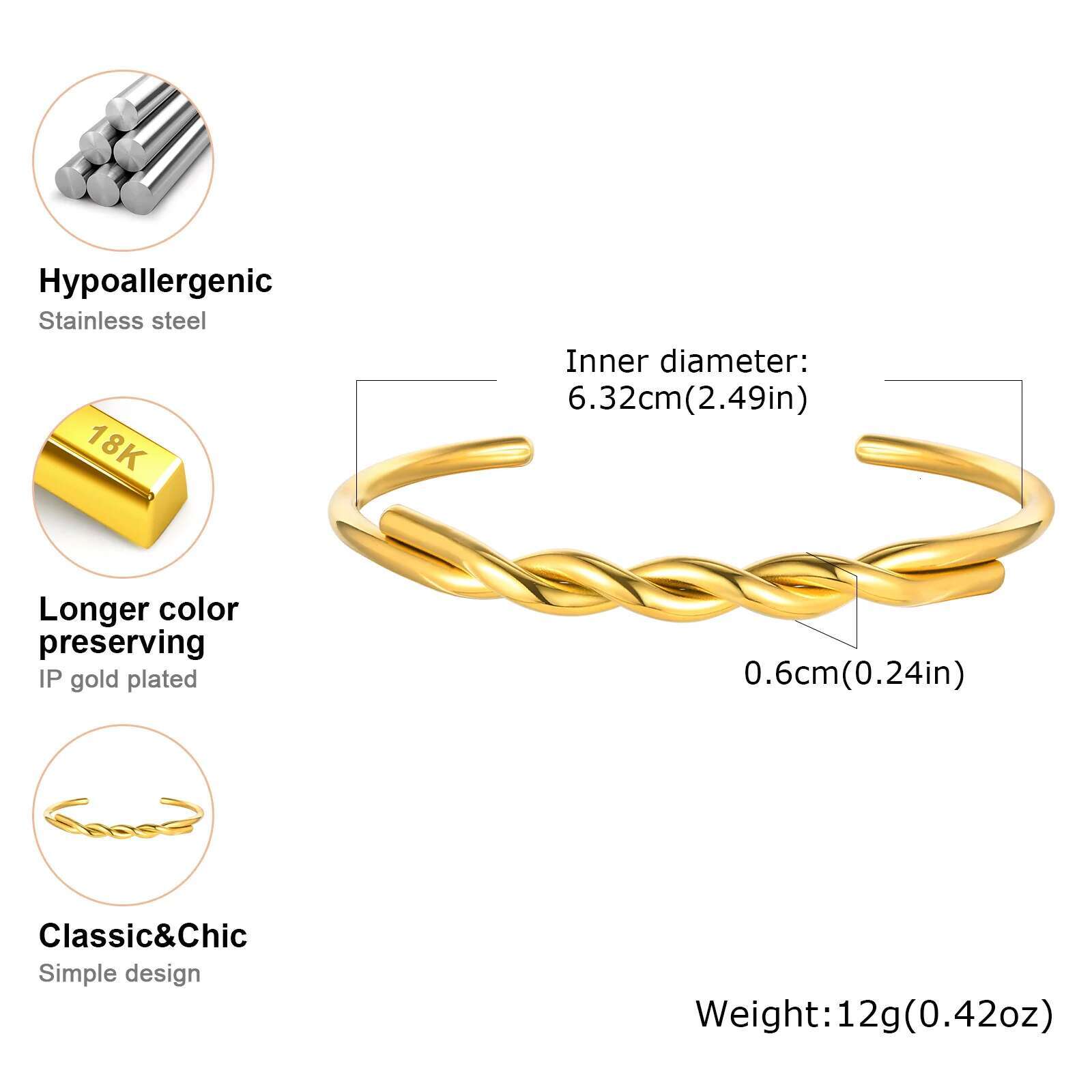 Twist Cuff Bangle, Stainless Steel Bracelet Gold Plated Minimalist Jewelry, Open Bangles for Womens Girls