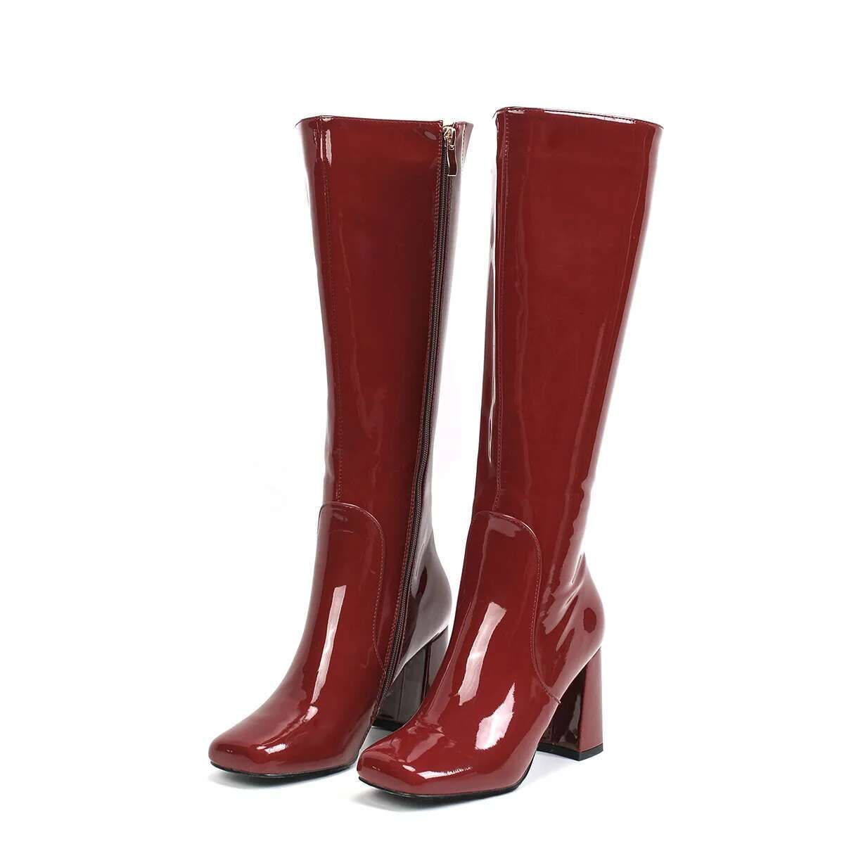 Square Toe Side Zipper Botas Altas Bury Patent Leather Knee-High Long Boots For Women Chunky High Heels Autumn Winter Shoes