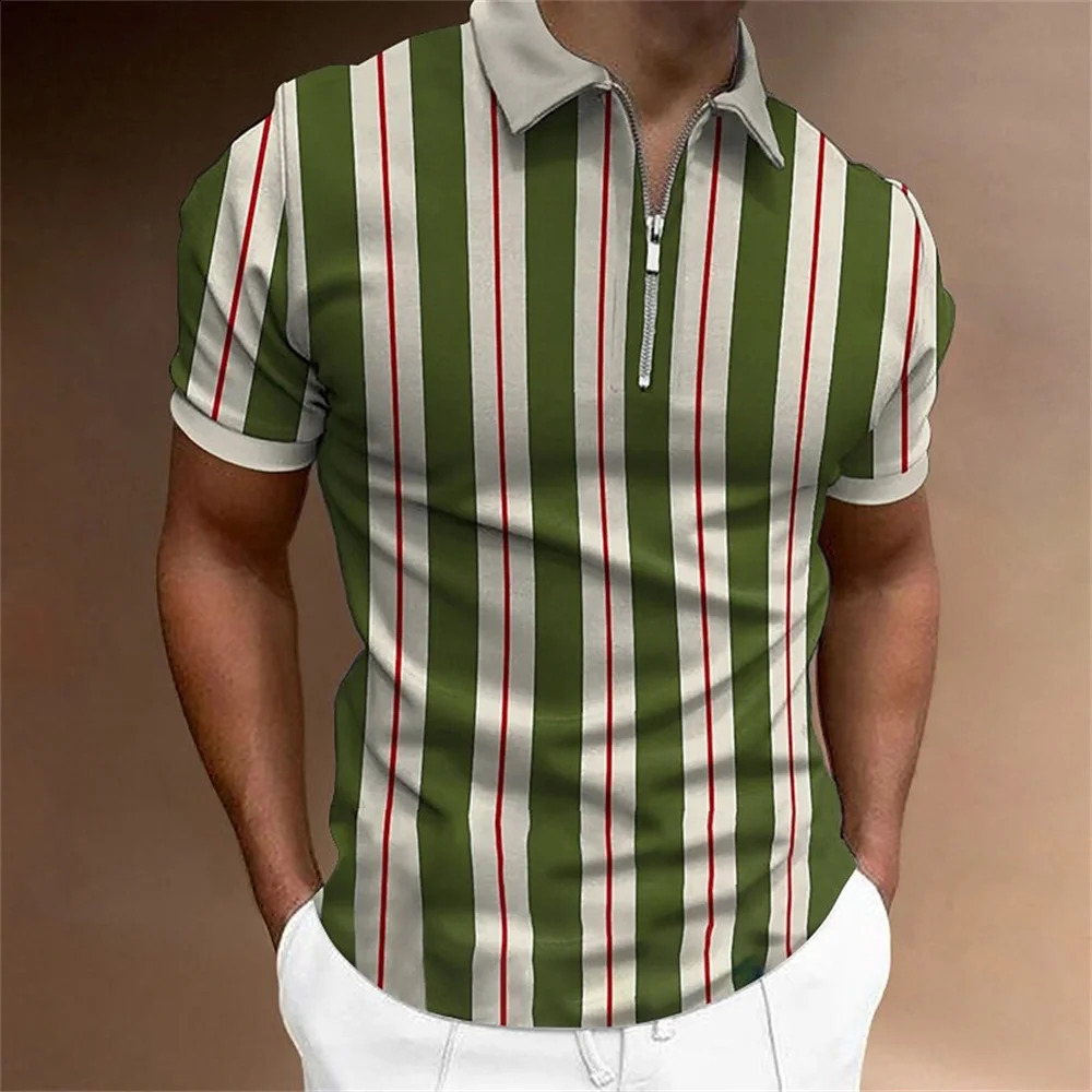 Striped Polo Shirt For Men 3d Print Golf Short Sleeve Top Summer Casual High Quality Clothing Tees Simple MenS Zip Polo T-Shirt 250228