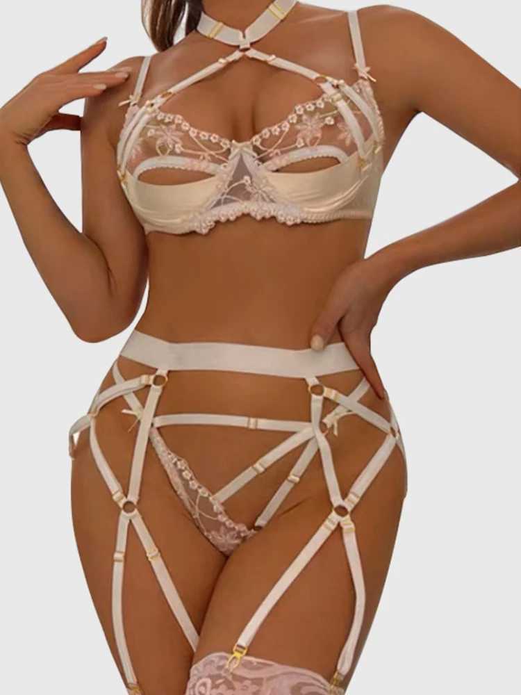 Fashion Print Embroidery Porno Underwear Sets Spliced Backless Lingerie Sexuality Sheer Vintage Lace 3 Pieces SuitXJ250301