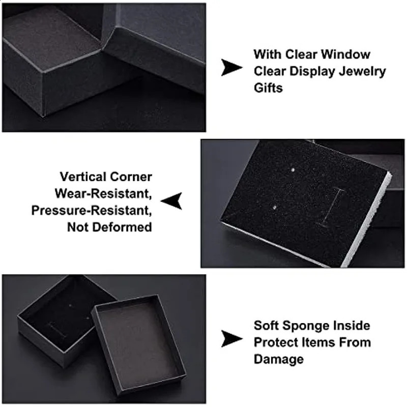 12 Pcs Black Rectangle Jewelry Box 3.5x2.8x1.2 Cardboard Jewelry Boxes with Sponge Inside Kraft Paper Boxes Diy 250222