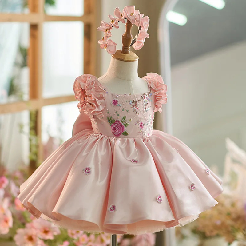 Baby Kids Princess Lace Satin Tulle Flower Girl Dress Children First Communion Dress Ball Gown Wedding Party Dress Birthday 250228