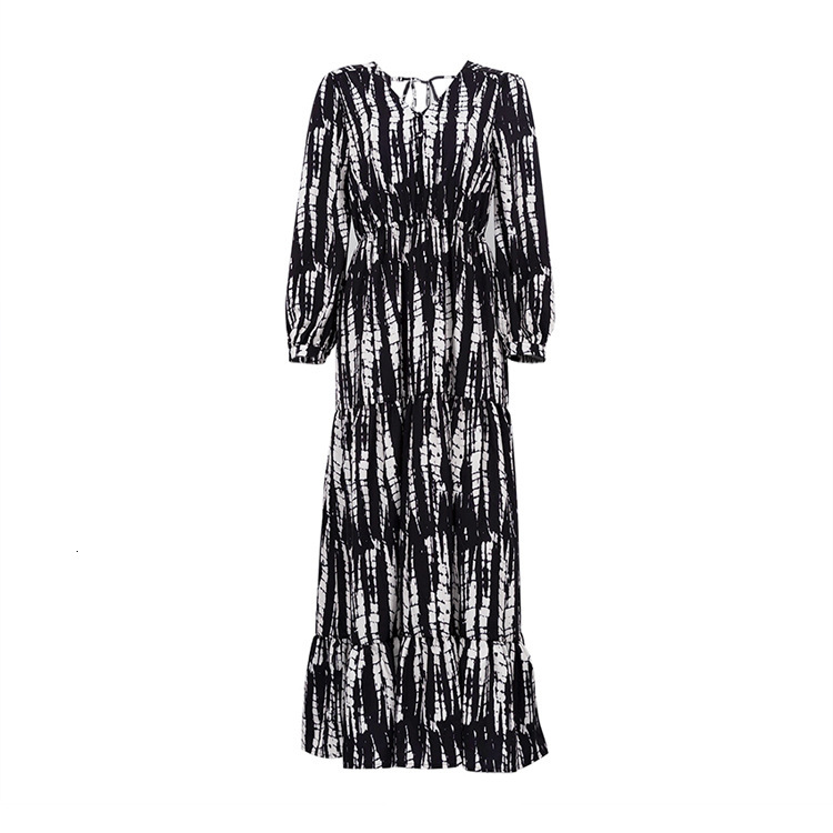 Women's Fashion New3 New Drawn Pleated Layered Large Swing Tie Dyed Print V-Neck Sexy Backless Long Dress