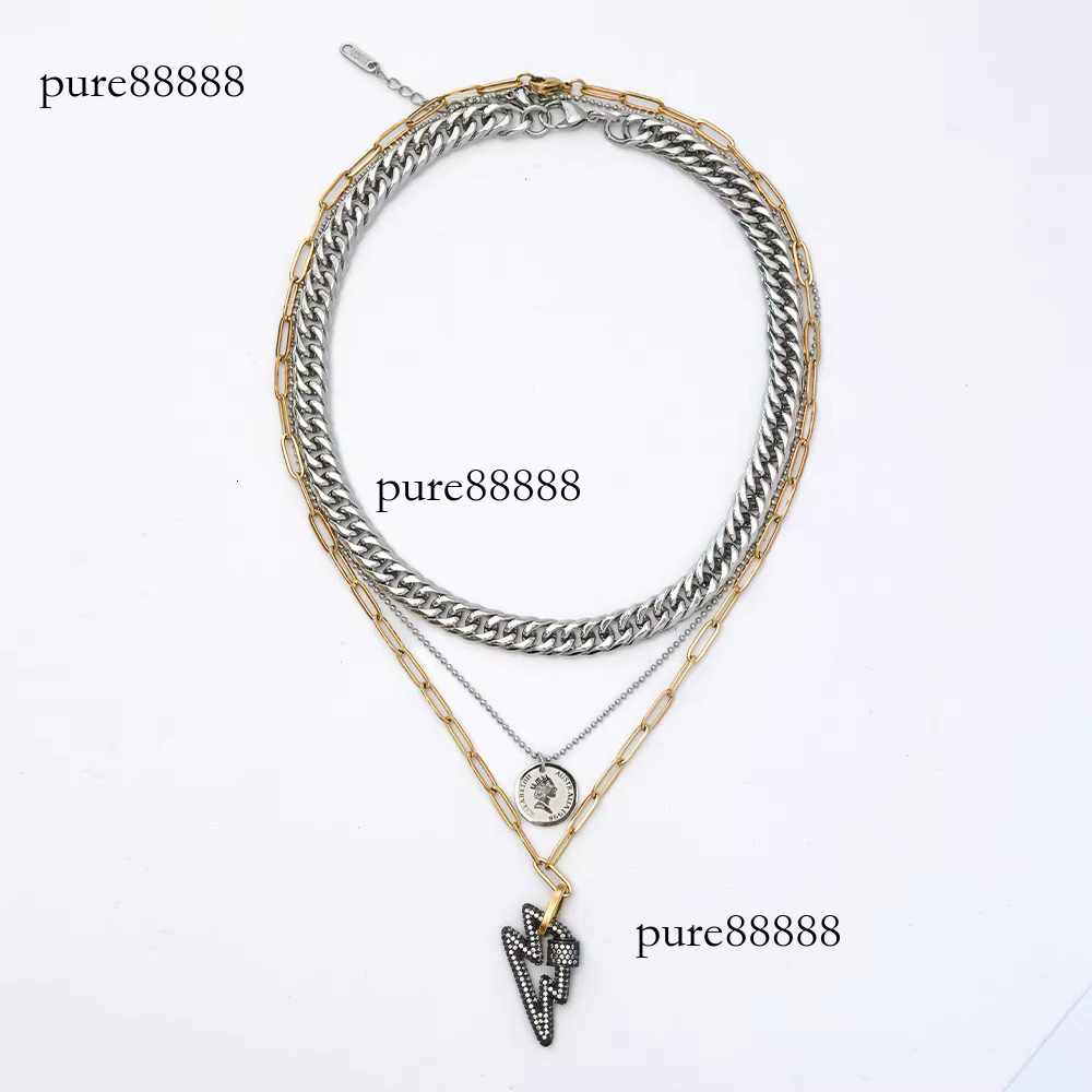 Multi layer stainless steel Cuban queen pendant gold-plated paperclip chain lighing charm necklace YF3620
