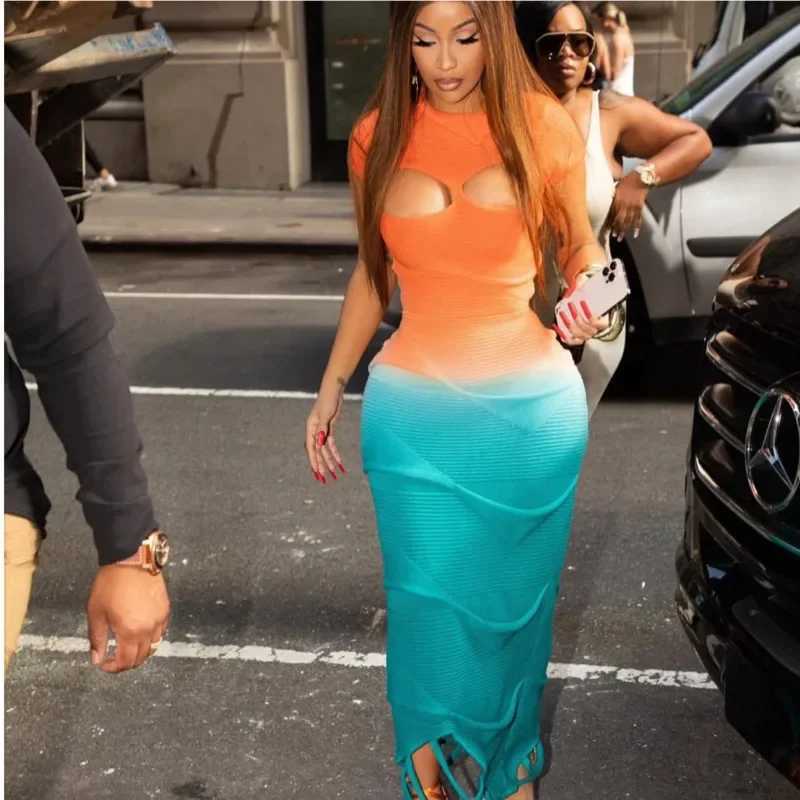 Basic Casual Dresses Sexy Knitted Gradient Orange Blue Hollow Out Maxi Dress Women Fashion Short Sleeve Skinny Stretch Tassel Y2K Birthday Long Dress 