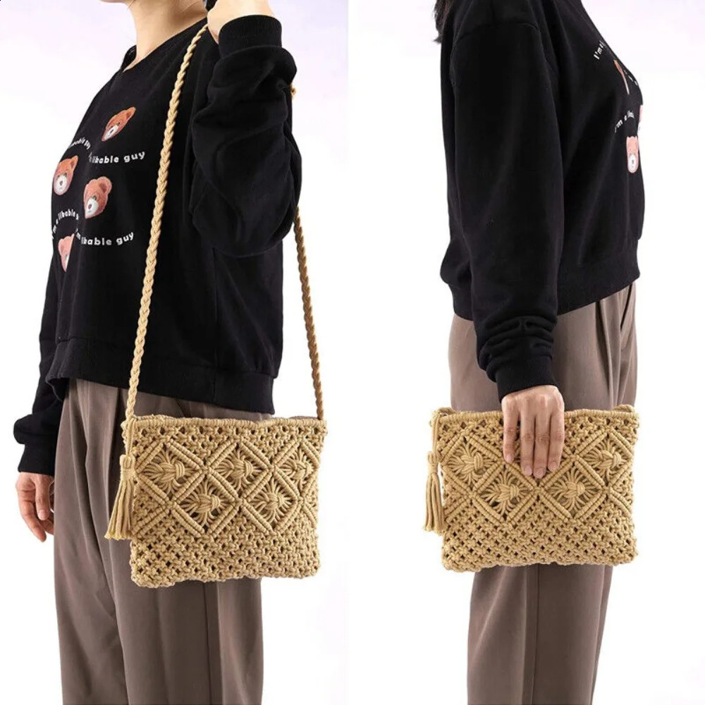 Retro Crochet Purses Woven Tassel Clutch Bag Bohemian Tassel Straw Beach Bag Crossbody Handbag Simple Beach Bags 250305