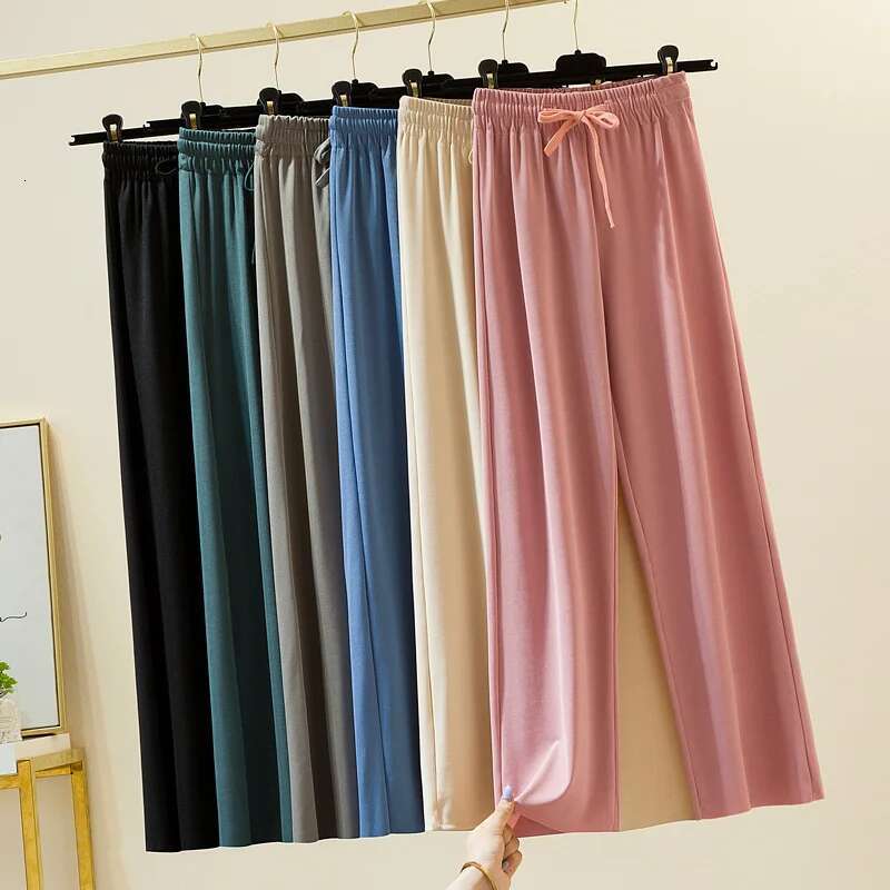 Slacks Women's Loose Summer Soft Ice Silk Ankle-Length Black Wide Leg Pants Grey Khaki Women High Waisted Trousers 2024