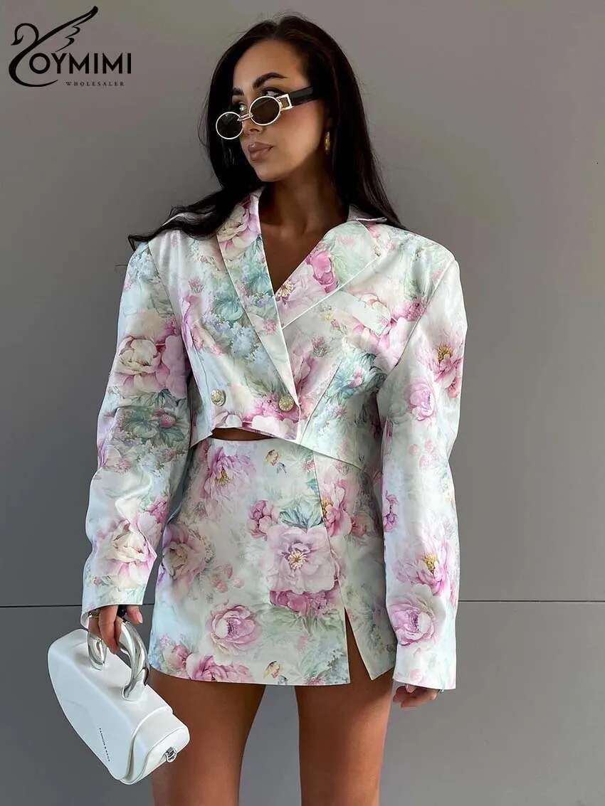Oymimi Causal Pink Print 2 Piece Sets Women Outfit Elegant Long Sleeve Double Breasted Crop Shirts And Side Slit Mini Skirts Set