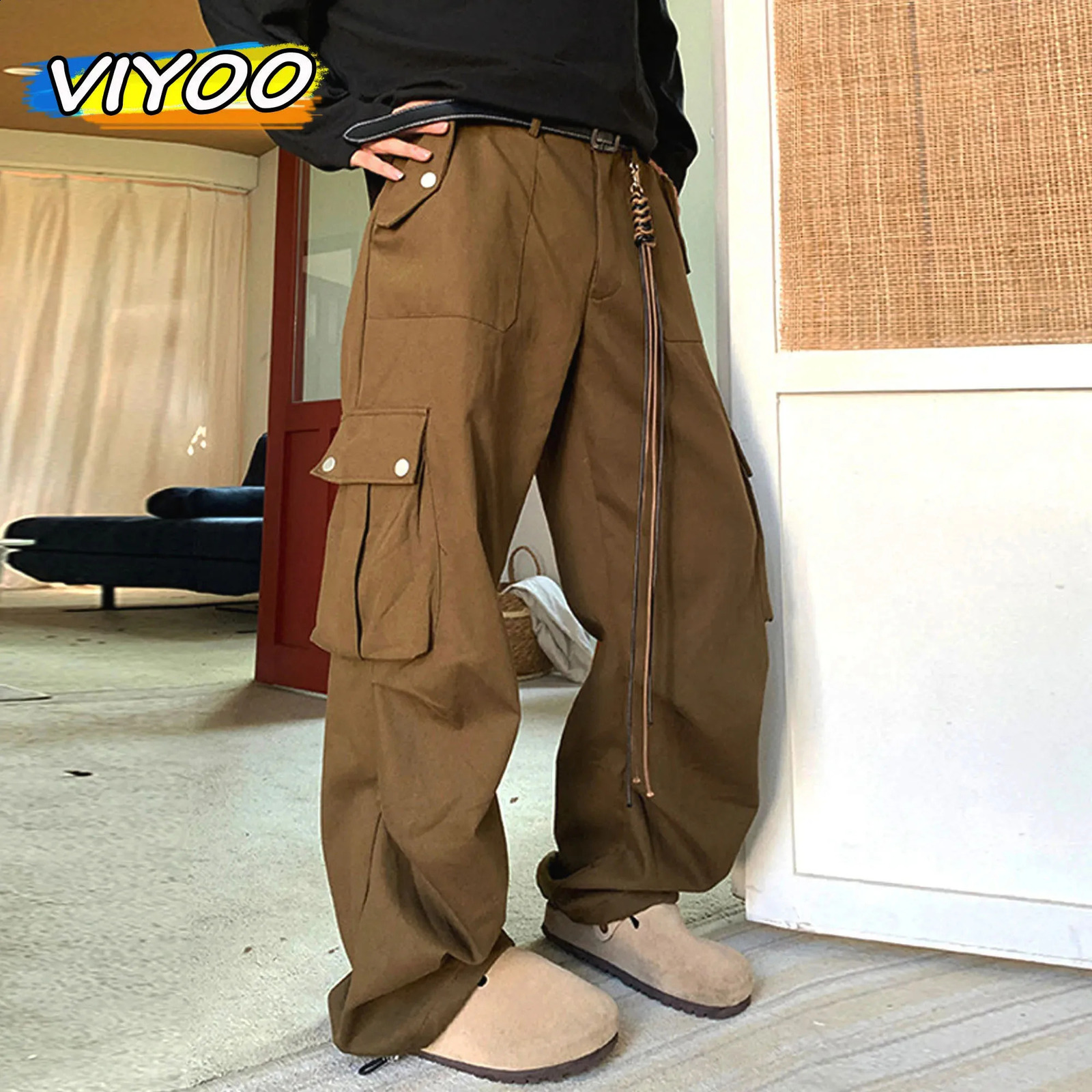 Korean Style Mens Y2k Traksuits Brown Wide Leg Baggy Cargo Pants Japan Tech Wear Trousers Sweatpants Straight Track Pants 250225