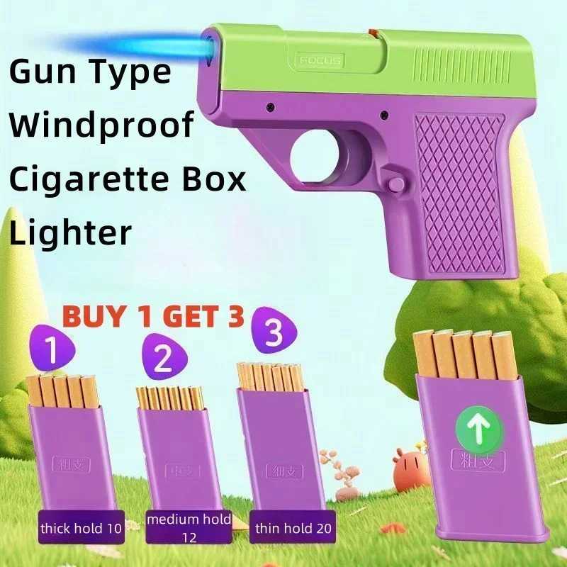 Gun Model Lighter with Cigarette Cases Windproof Inflatable Jet Torch Lighters Cool Gadgets for Men Funny Cigarettes Box GiftT250301
