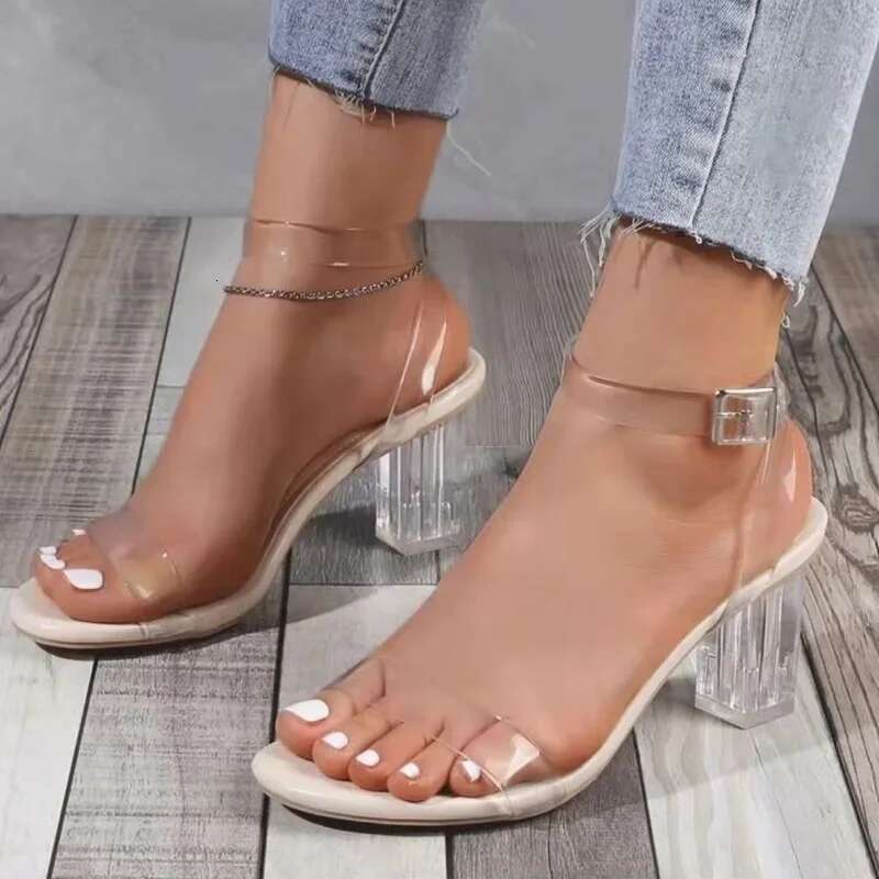 Buckle Open Toe Strap Roman Square Heel High Heels Sandals Women 2025 Summer Shoes Fashion PVC Wedge Ladies Pumps