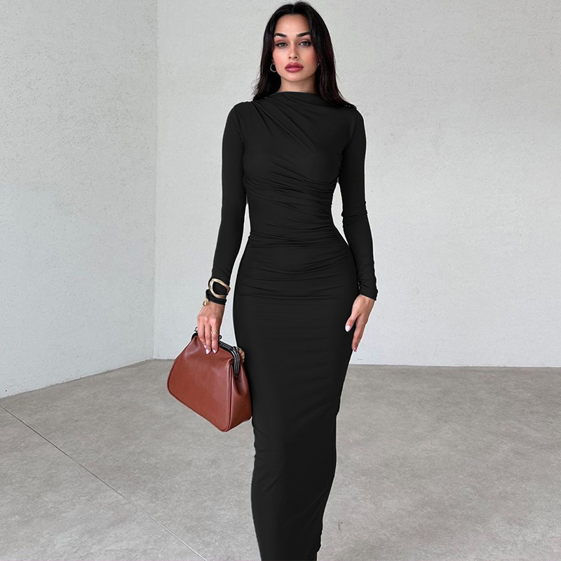 Women's 2023 Winter New Fashion Sexy Slim Fit Pleated Split Solid Long Sleeve Dress For Women