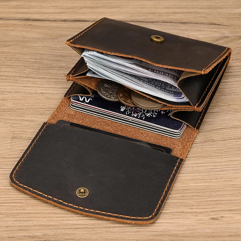 Vintage Coin Purse Short Wallet Crazy Horse Leather Short Purse Retro Fashion Mini Purse Cowskin Men Wallets Drop 250228
