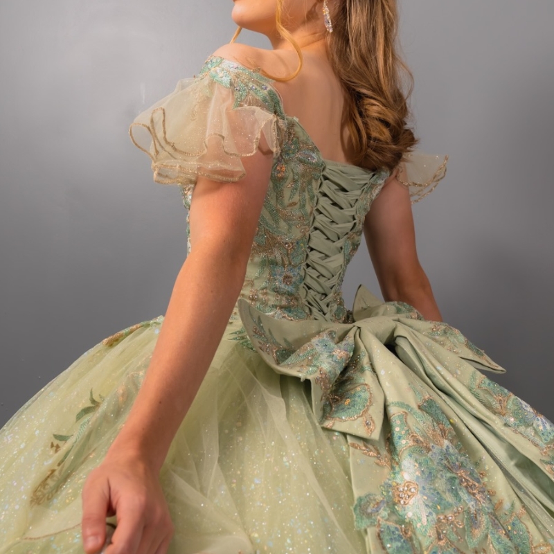 Sage Green Shiny Quinceanera Dresses Ball Gown Off The Shoulder Applique Lace Bow Beads Tull Party Birthday Sweet 16 Vestidos 15 De Anos