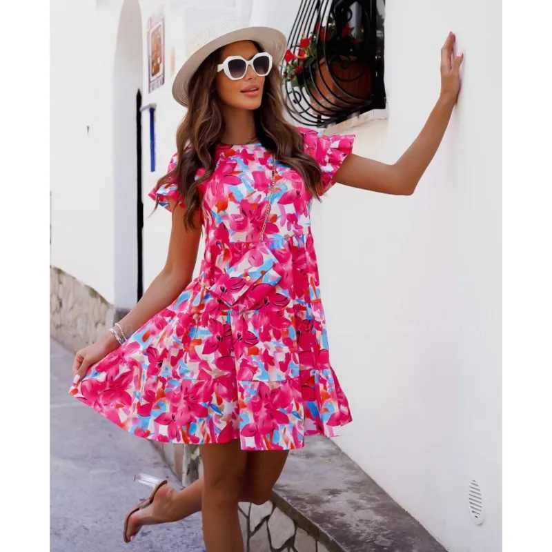Basic Casual Dresses Girl pleated edge patch midi fancy dress summer sparkling sweater round neck print irregular hem suitable for womens holiday wear