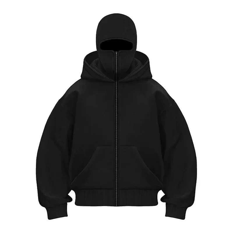Balaclava Hoodies Fashion Integrated Double Layer Warm Windbreak Zip Up Hoodie Y2k Vintage Hip Hop Ninja Sweatshirt Streetwear